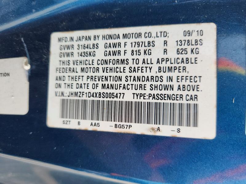 Продаж на аукціоні авто 2011 Honda Cr-z, vin: JHMZF1D4XBS005477, номер лоту: 63564386