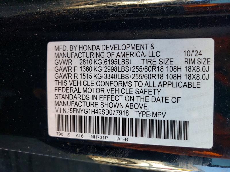 2025 Honda Pilot მანქანა იყიდება აუქციონზე, vin: 5FNYG1H49SB077918, აუქციონის ნომერი: 63361996