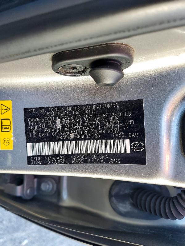 2016 Lexus Es მანქანა იყიდება აუქციონზე, vin: 58ABK1GG6GU031109, აუქციონის ნომერი: 65407086