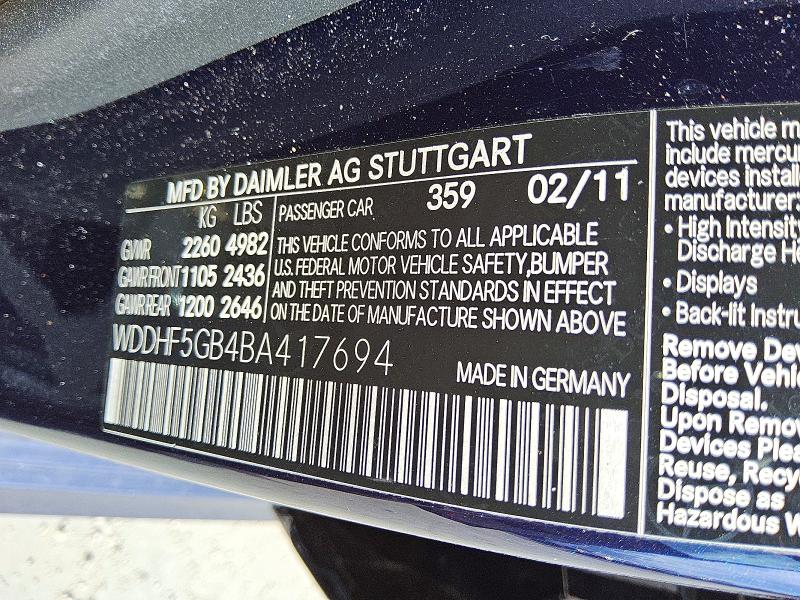 2011 Mercedes-benz E მანქანა იყიდება აუქციონზე, vin: WDDHF5GB4BA417694, აუქციონის ნომერი: 64393426