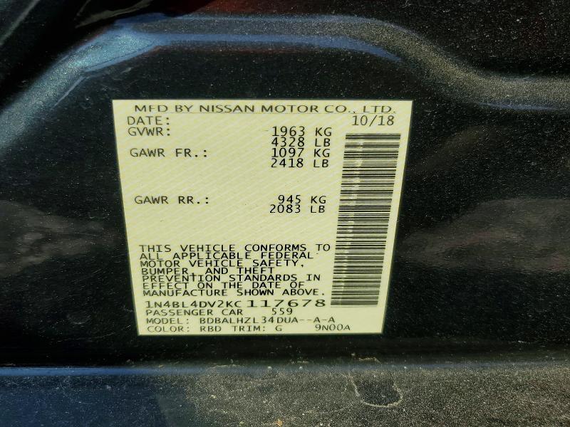 2019 Nissan Altima მანქანა იყიდება აუქციონზე, vin: 1N4BL4DV2KC117678, აუქციონის ნომერი: 64409106