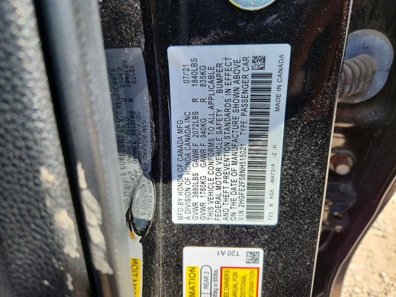 2022 Honda Civic მანქანა იყიდება აუქციონზე, vin: 2HGFE2F58NH515021, აუქციონის ნომერი: 66420086