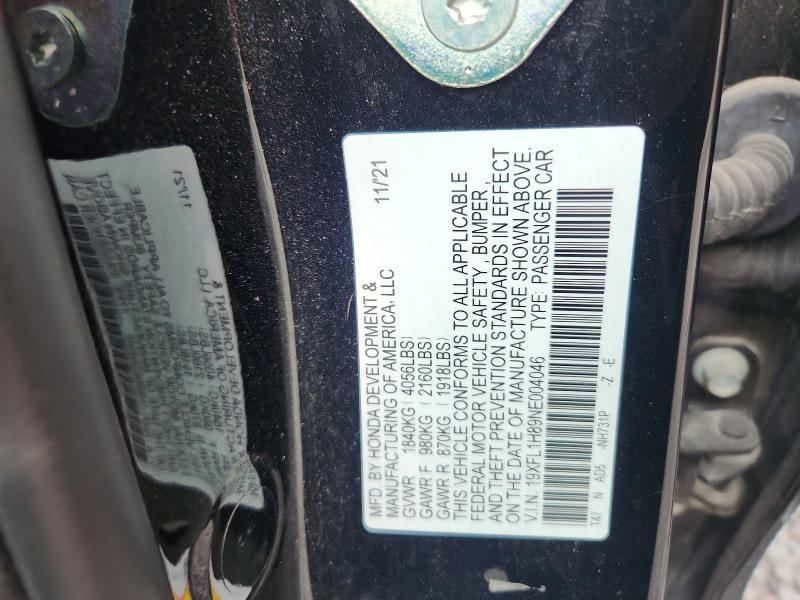64158926 :رقم المزاد ، 19XFL1H89NE004046 vin ، 2022 Honda Civic مزاد بيع