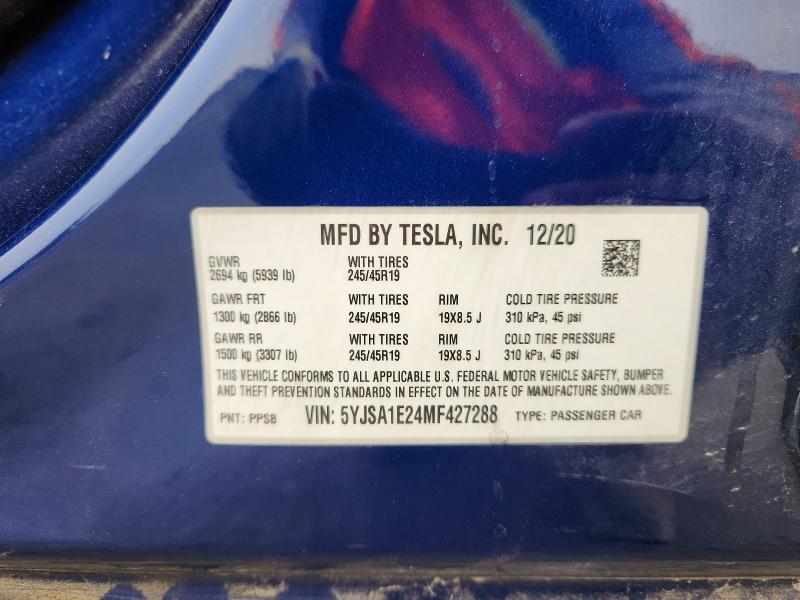 64591166 :رقم المزاد ، 5YJSA1E24MF427288 vin ، 2021 Tesla Model S مزاد بيع