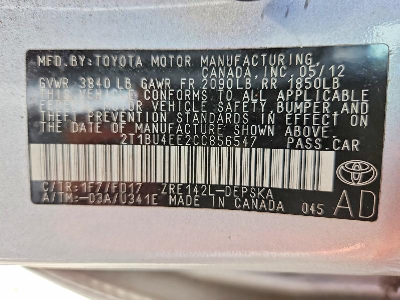 Продажа на аукционе авто 2012 Toyota Corolla, vin: 2T1BU4EE2CC856547, номер лота: 63540786