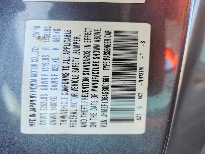 Aukcja sprzedaży 2016 Honda Cr-z, vin: JHMZF1D64GS001661, numer aukcji: 64802256