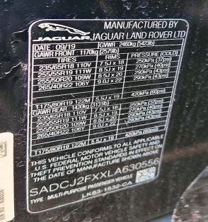 Aukcja sprzedaży 2020 Jaguar F-pace, vin: SADCJ2FXXLA630556, numer aukcji: 63448856