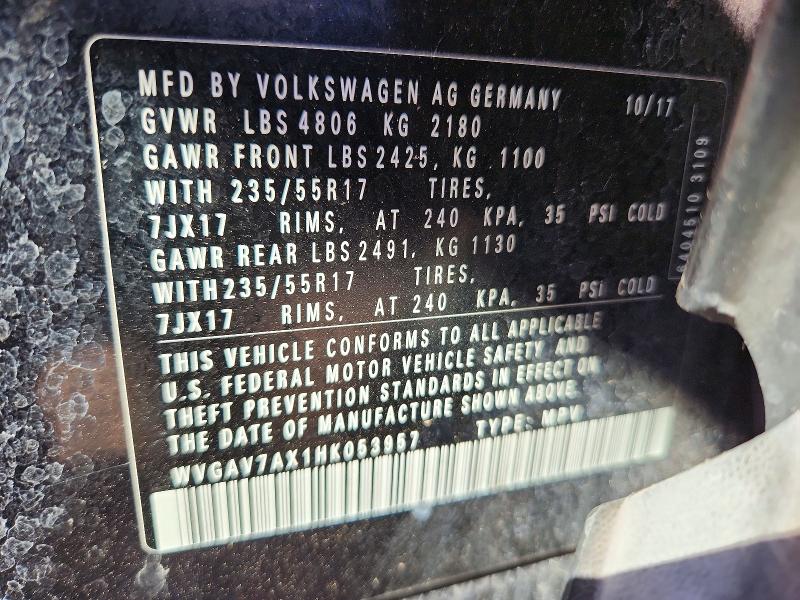 2017 Volkswagen Tiguan მანქანა იყიდება აუქციონზე, vin: WVGAV7AX1HK053957, აუქციონის ნომერი: 65283366