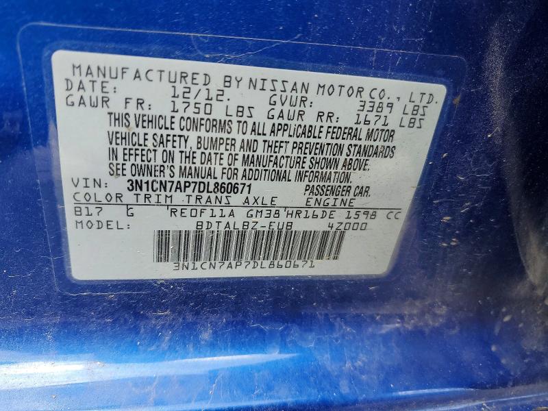 Auction sale of the 2013 Nissan Versa, vin: 3N1CN7AP7DL860671, lot number: 63682946