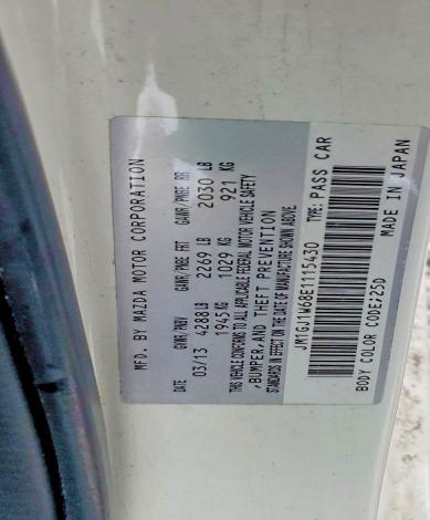 2014 Mazda 6 მანქანა იყიდება აუქციონზე, vin: JM1GJ1W68E1115430, აუქციონის ნომერი: 63669146