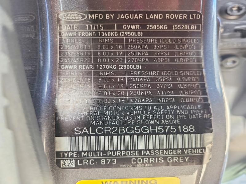 65664216 :رقم المزاد ، SALCR2BG5GH575188 vin ، 2016 Land Rover Discovery Sport مزاد بيع
