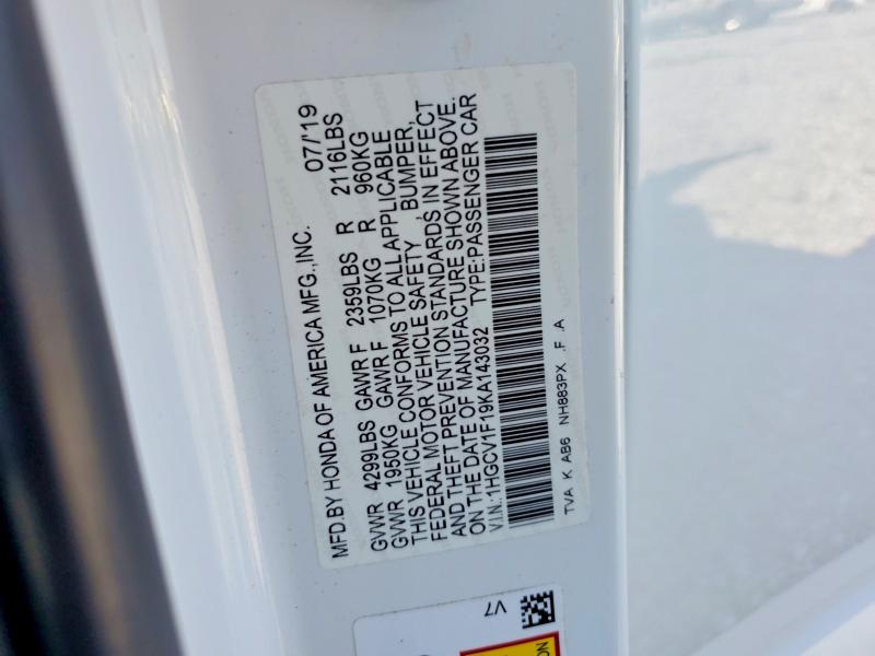 2019 Honda Accord მანქანა იყიდება აუქციონზე, vin: 1HGCV1F19KA143032, აუქციონის ნომერი: 65205976