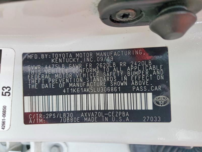 2020 Toyota Camry მანქანა იყიდება აუქციონზე, vin: 4T1K61AK5LU306861, აუქციონის ნომერი: 65274806