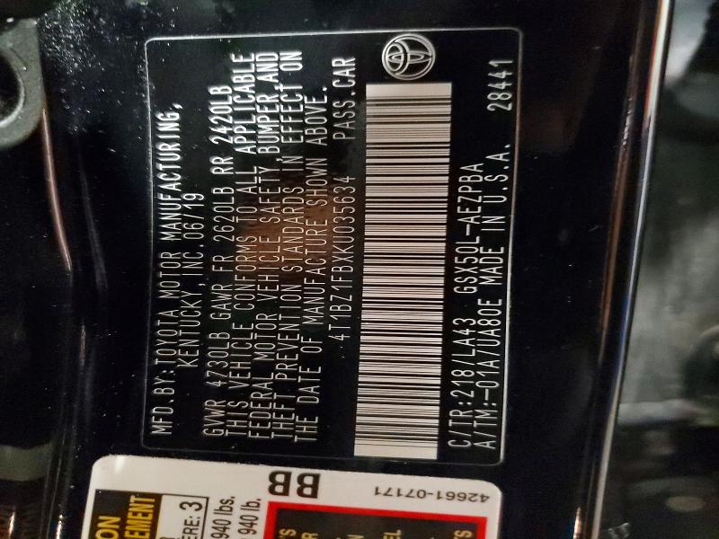 65288806 :رقم المزاد ، 4T1BZ1FBXKUD35634 vin ، 2019 Toyota Avalon مزاد بيع
