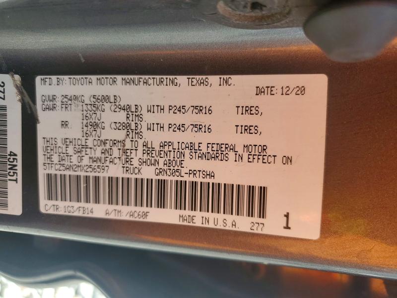 2021 Toyota Tacoma მანქანა იყიდება აუქციონზე, vin: 5TFCZ5AN2MX256597, აუქციონის ნომერი: 65655116
