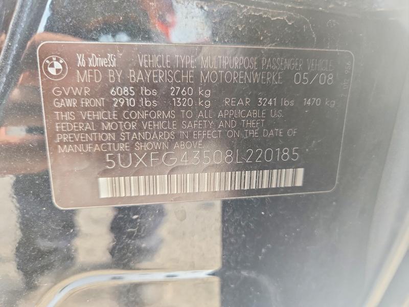 2008 Bmw X6 მანქანა იყიდება აუქციონზე, vin: 5UXFG43508L220185, აუქციონის ნომერი: 65160356