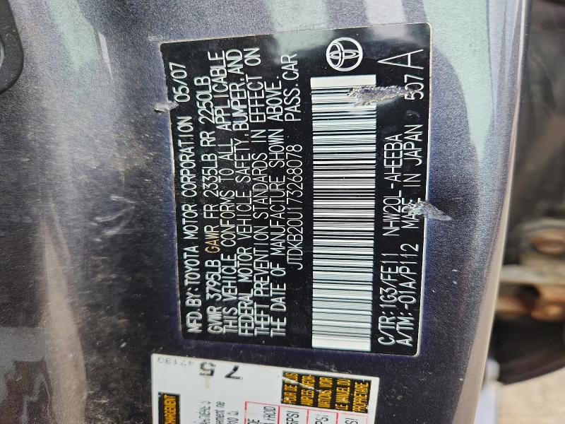 Aukcja sprzedaży 2007 Toyota Prius, vin: JTDKB20U173268078, numer aukcji: 63923236