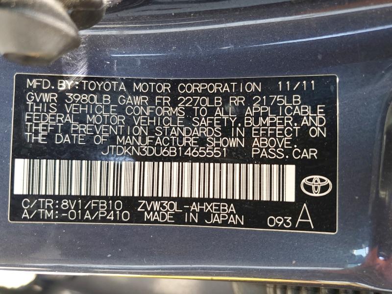 2011 Toyota Prius მანქანა იყიდება აუქციონზე, vin: JTDKN3DU6B1465551, აუქციონის ნომერი: 65039636
