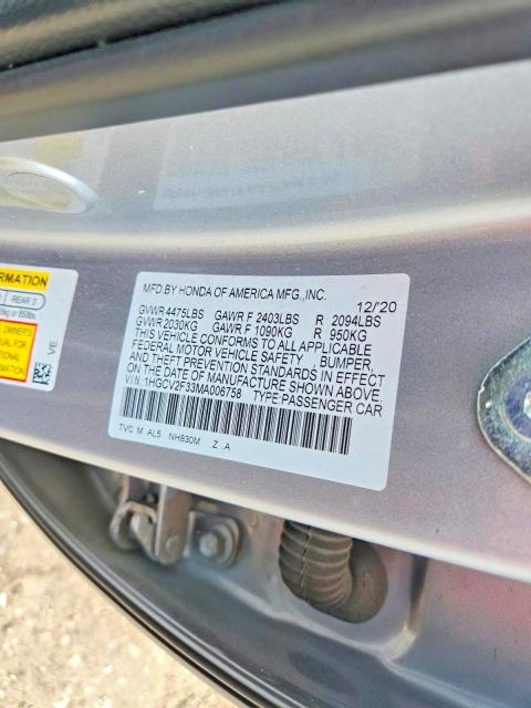 Продаж на аукціоні авто 2021 Honda Accord, vin: 1HGCV2F33MA006758, номер лоту: 66777946