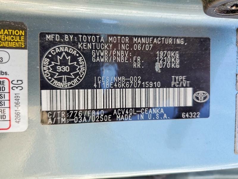 2007 Toyota Camry მანქანა იყიდება აუქციონზე, vin: 4T1BE46K67U715910, აუქციონის ნომერი: 62975916