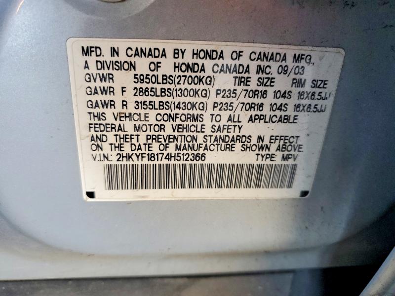 2004 Honda Pilot მანქანა იყიდება აუქციონზე, vin: 2HKYF18174H512366, აუქციონის ნომერი: 66215586