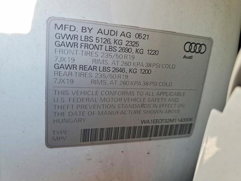2021 Audi Q3 მანქანა იყიდება აუქციონზე, vin: WA1EECF32M1140006, აუქციონის ნომერი: 65328946