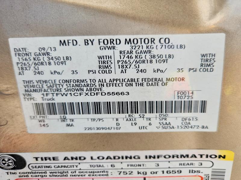Продаж на аукціоні авто 2013 Ford F150, vin: 1FTFW1CFXDFD55663, номер лоту: 65677896