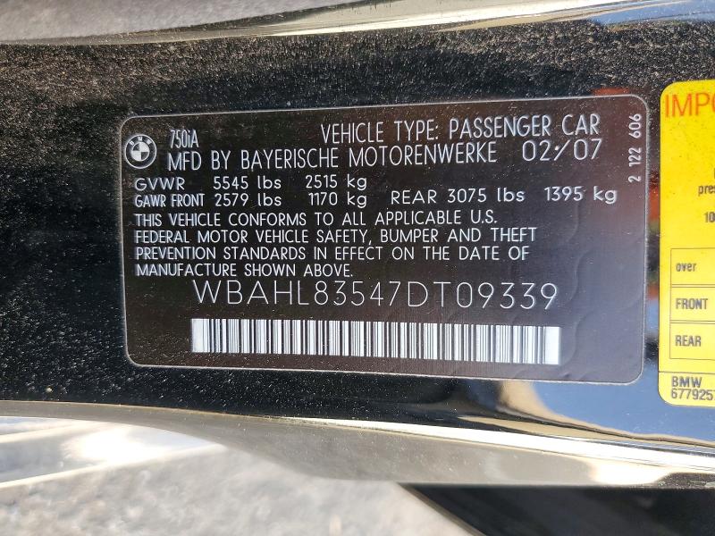 Aukcja sprzedaży 2007 Bmw 750, vin: WBAHL83547DT09339, numer aukcji: 64734316