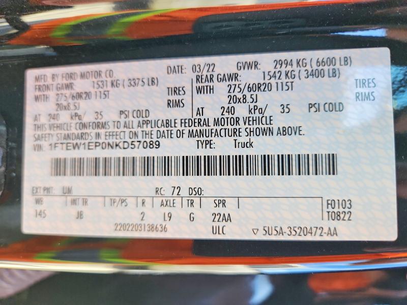 2022 Ford F150 მანქანა იყიდება აუქციონზე, vin: 1FTEW1EP0NKD57089, აუქციონის ნომერი: 66431996