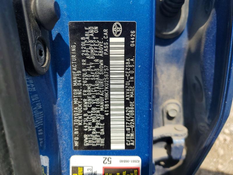 2019 Toyota Camry მანქანა იყიდება აუქციონზე, vin: 4T1B11HK7KU256757, აუქციონის ნომერი: 66288716