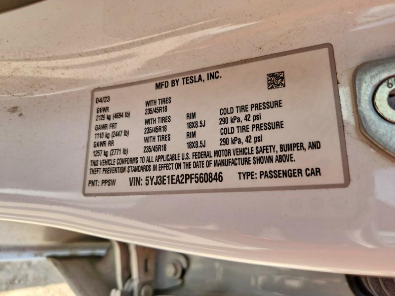 2023 Tesla Model 3 მანქანა იყიდება აუქციონზე, vin: 5YJ3E1EA2PF560846, აუქციონის ნომერი: 66268786