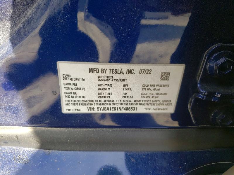 61454866 :رقم المزاد ، 5YJSA1E61NF486531 vin ، 2022 Tesla Model S مزاد بيع