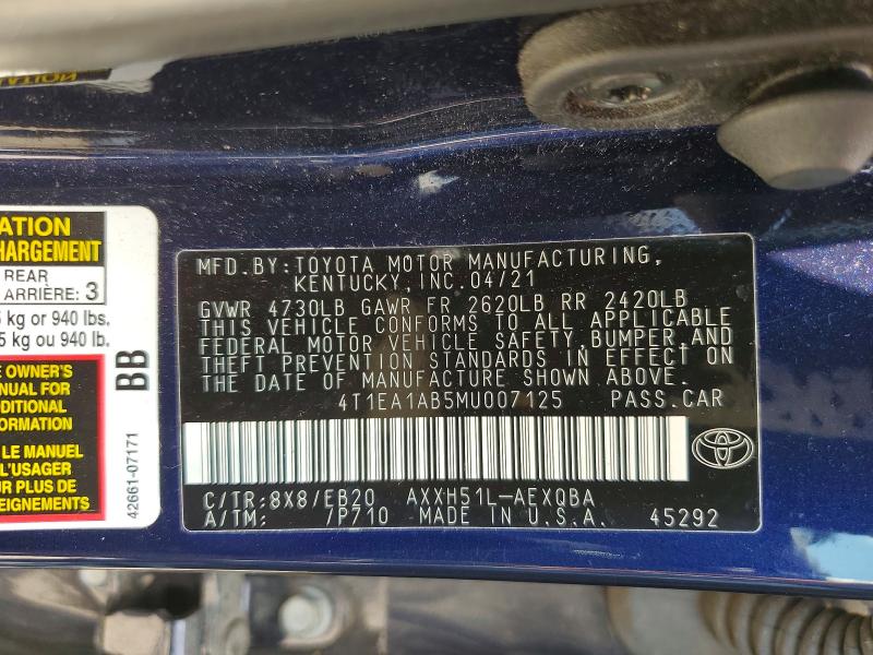 2021 Toyota Avalon მანქანა იყიდება აუქციონზე, vin: 4T1EA1AB5MU007125, აუქციონის ნომერი: 63771186