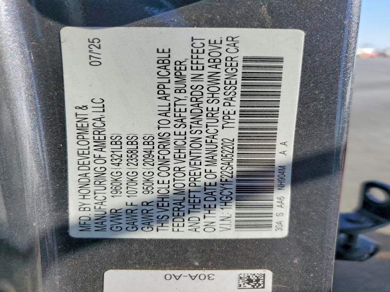 2025 Honda Accord მანქანა იყიდება აუქციონზე, vin: 1HGCY1F22SA052202, აუქციონის ნომერი: 63548156