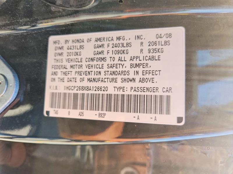 64018026 :رقم المزاد ، 1HGCP268X8A126620 vin ، 2008 Honda Accord مزاد بيع