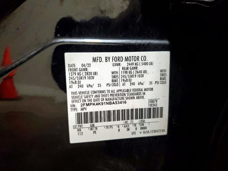 63344096 :رقم المزاد ، 2FMPK4K91NBA53416 vin ، 2022 Ford Edge مزاد بيع