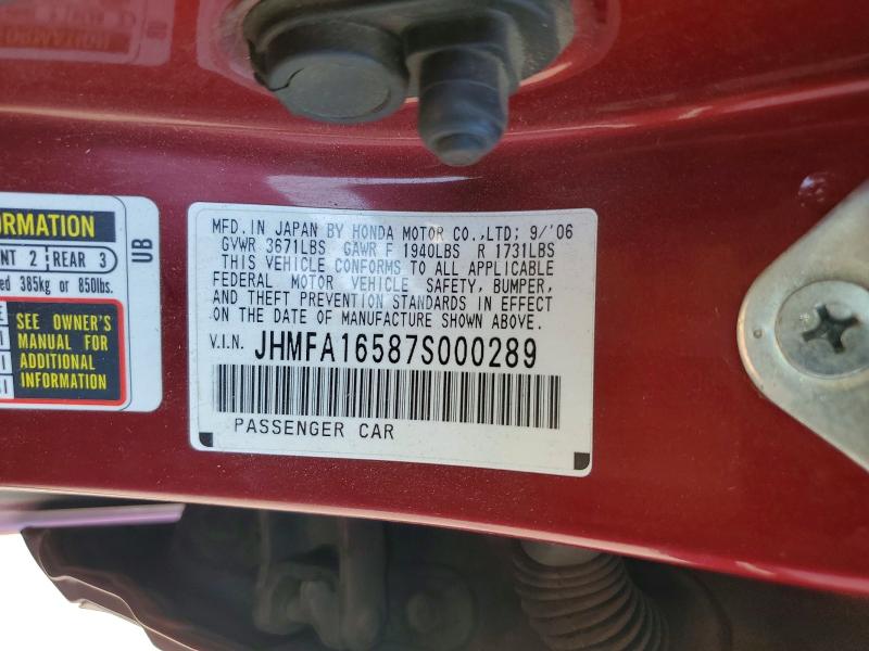 2007 Honda Civic მანქანა იყიდება აუქციონზე, vin: JHMFA16587S000289, აუქციონის ნომერი: 63199146