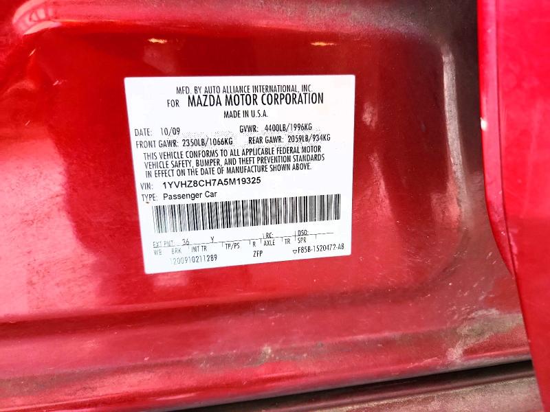 2010 Mazda 6 მანქანა იყიდება აუქციონზე, vin: 1YVHZ8CH7A5M19325, აუქციონის ნომერი: 61883096