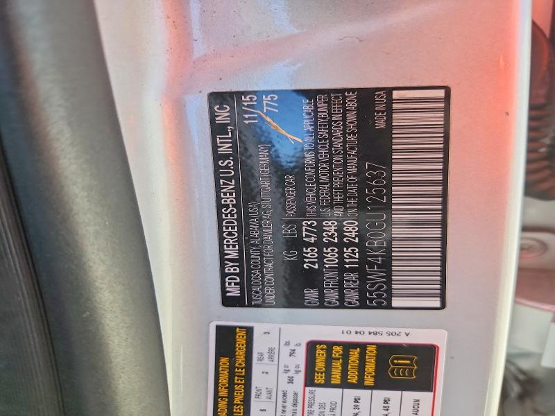 56520396 :رقم المزاد ، 55SWF4KB0GU125637 vin ، 2016 Mercedes-benz C مزاد بيع