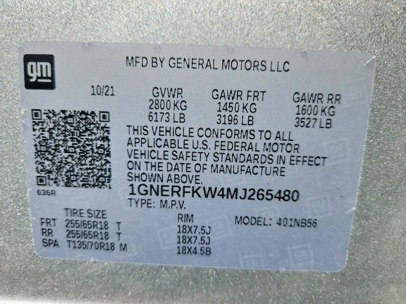 Aukcja sprzedaży 2021 Chevrolet Traverse, vin: 1GNERFKW4MJ265480, numer aukcji: 69021886