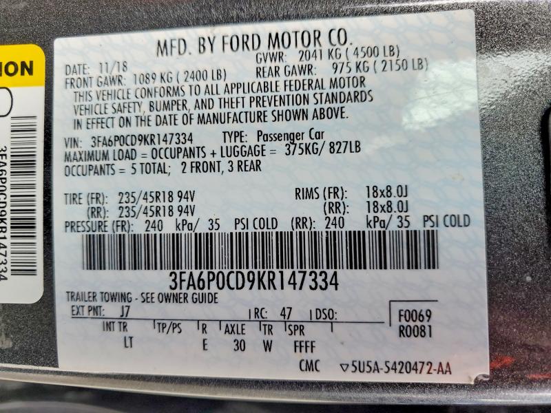 Aukcja sprzedaży 2019 Ford Fusion, vin: 3FA6P0CD9KR147334, numer aukcji: 66056896