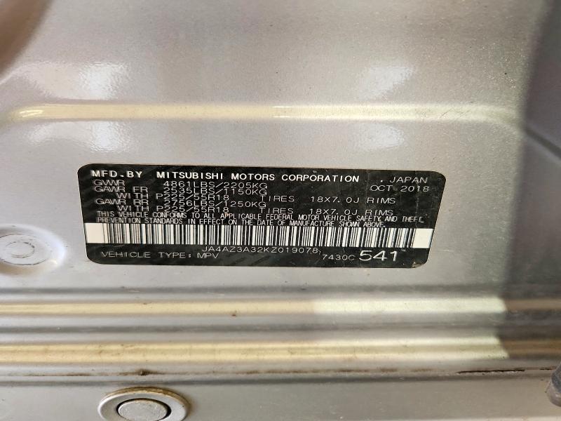 2019 Mitsubishi Outlander მანქანა იყიდება აუქციონზე, vin: JA4AZ3A32KZ019078, აუქციონის ნომერი: 64715736