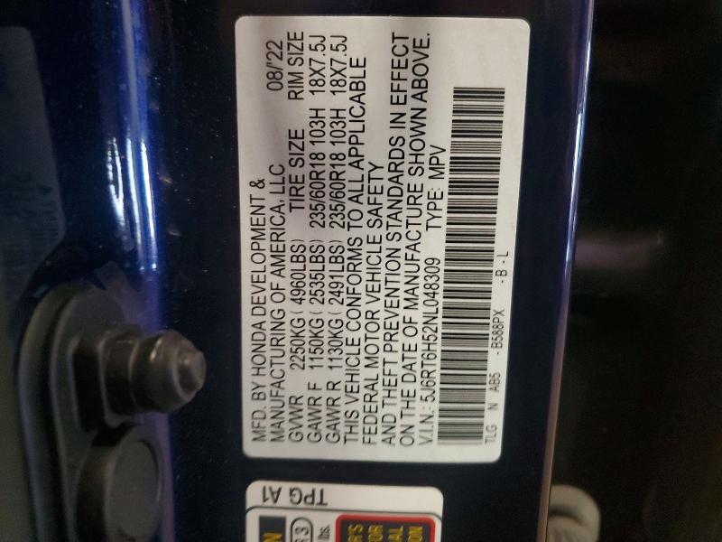 2022 Honda Cr-v მანქანა იყიდება აუქციონზე, vin: 5J6RT6H52NL048309, აუქციონის ნომერი: 66526036