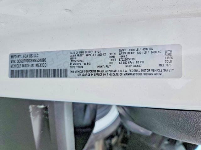65943026 :رقم المزاد ، 3C6LRVDG5ME534896 vin ، 2021 Ram Promaster 2500 مزاد بيع