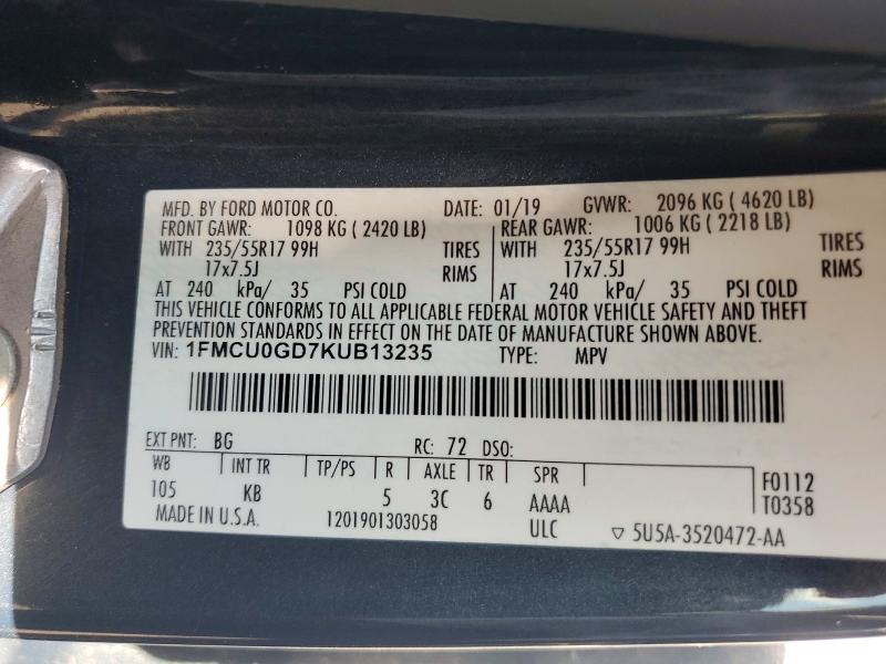 Продажа на аукционе авто 2019 Ford Escape, vin: 1FMCU0GD7KUB13235, номер лота: 65336176