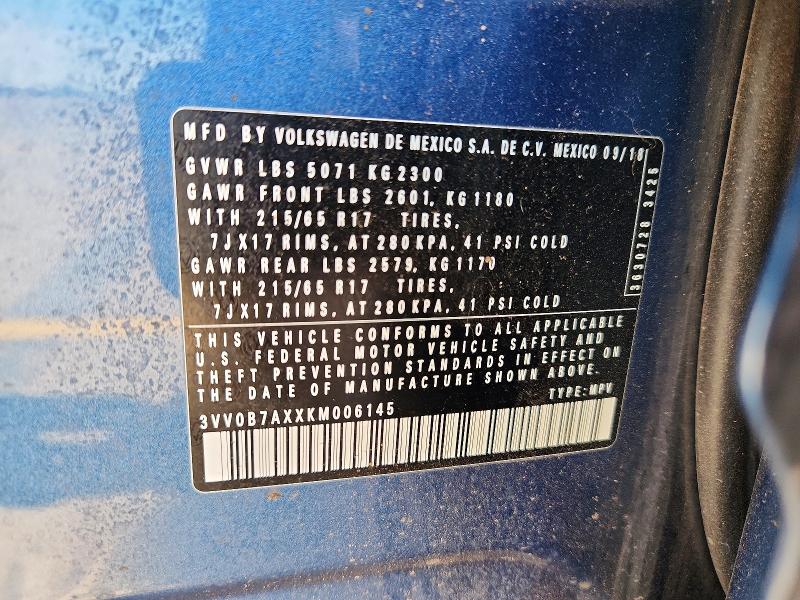 63210946 :رقم المزاد ، 3VV0B7AXXKM006145 vin ، 2019 Volkswagen Tiguan مزاد بيع