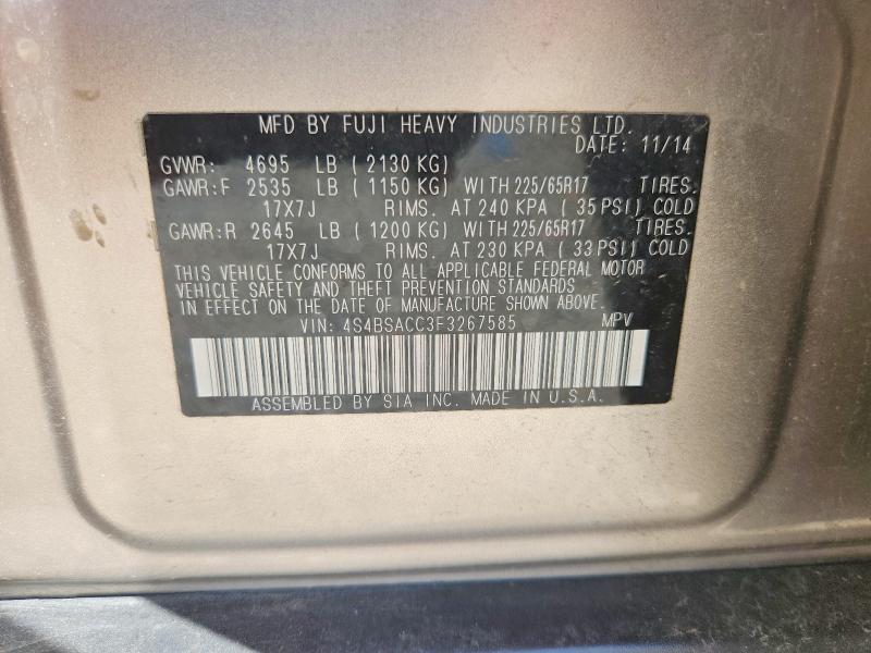 2015 Subaru Outback მანქანა იყიდება აუქციონზე, vin: 4S4BSACC3F3267585, აუქციონის ნომერი: 65877056