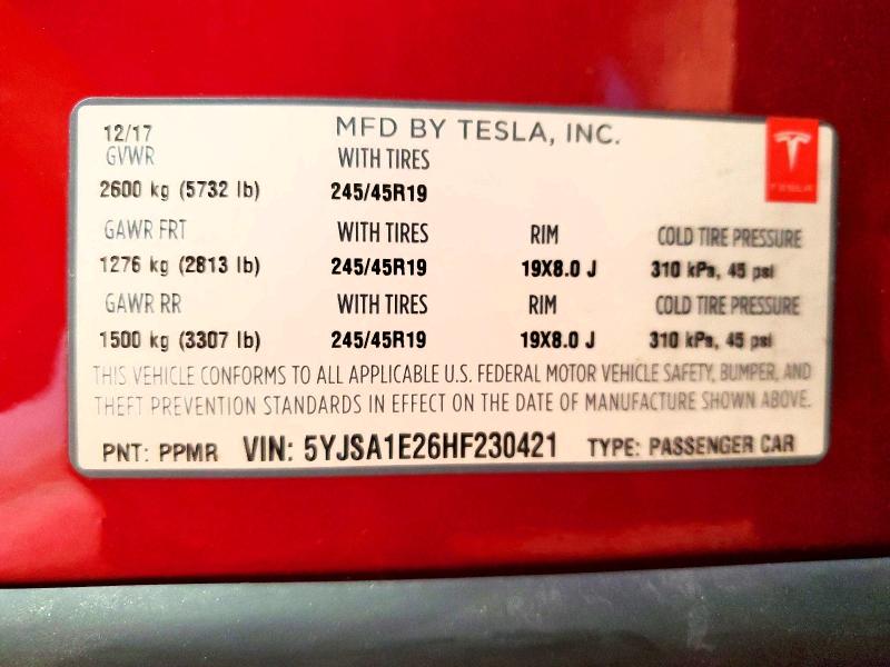 Продажа на аукционе авто 2017 Tesla Model S, vin: 5YJSA1E26HF230421, номер лота: 64563286