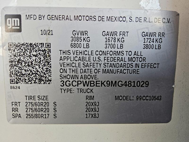 2021 Chevrolet Silverado მანქანა იყიდება აუქციონზე, vin: 3GCPWBEK9MG481029, აუქციონის ნომერი: 65709986