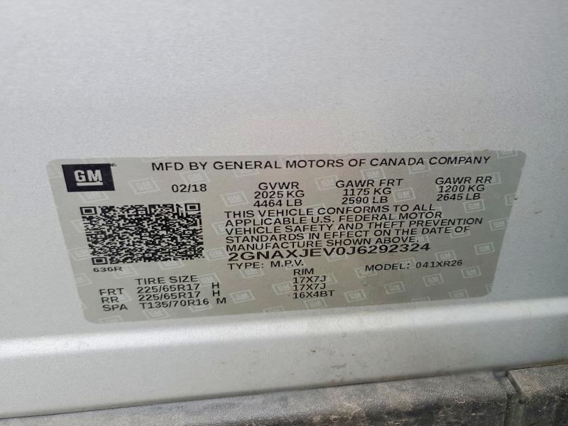 67426456 :رقم المزاد ، 2GNAXJEV0J6292324 vin ، 2018 Chevrolet Equinox مزاد بيع